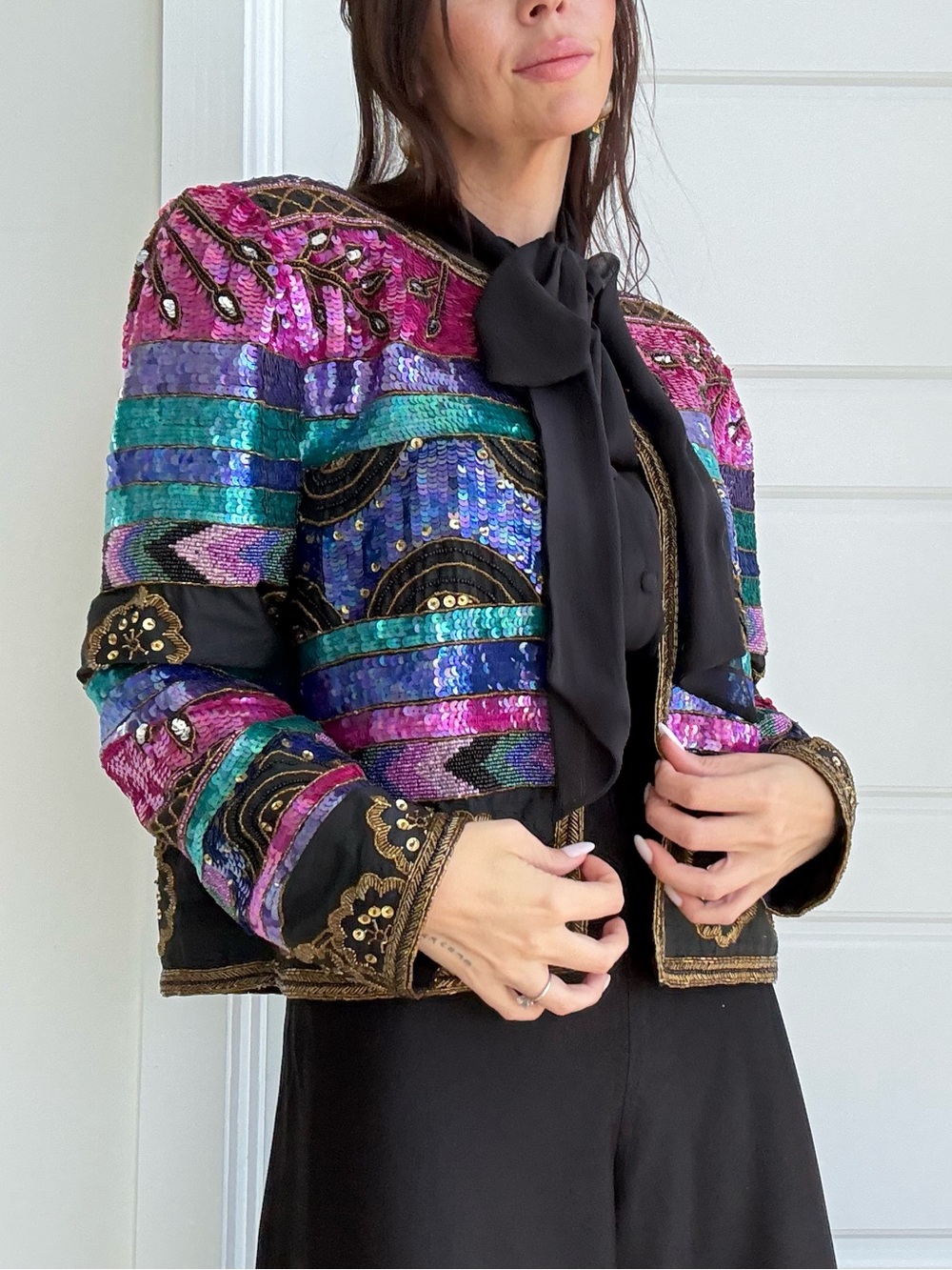Vintage Iconic 80s Sequined Multicolor Eye Catching Cropped Silk Glam Jacket